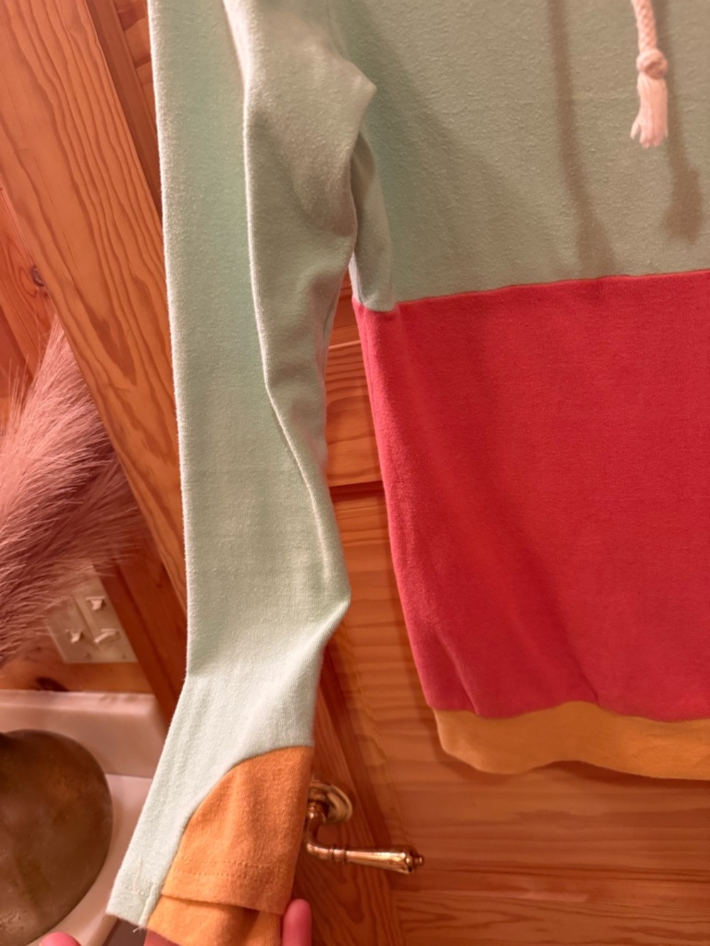 Colorblock Cowlneck Pullover in Mint, Coral & Mustard - Picture 3 of 5
